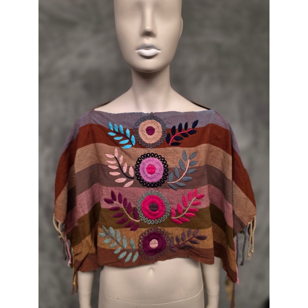 Boho Embroidered Floral Cropped Poncho Fringe Wrap Mulitcolor Hippie Festival
